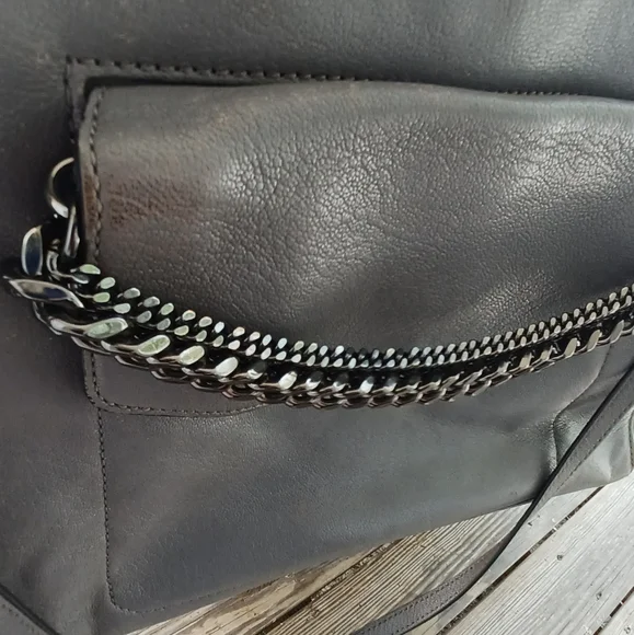 AUTH MILLY GUNMETAL GRAY CHAINLINKED XL LEATHER SATCHEL HANDBAG W/ LONG STRAP! - Picture 6 of 16